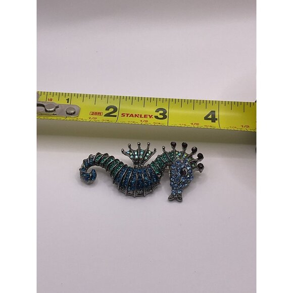 Sparkling Seahorse Brooch Pin With Blue & Green Rhinestones - Picture 2 of 6